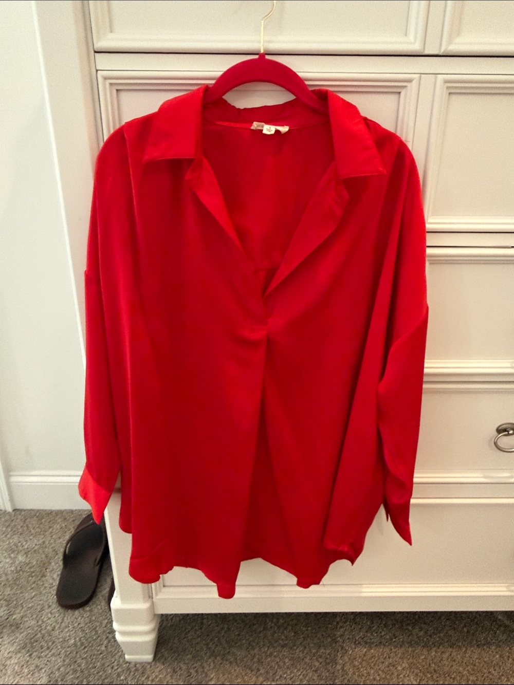 Women's Red V-Neck Collared Blouse
